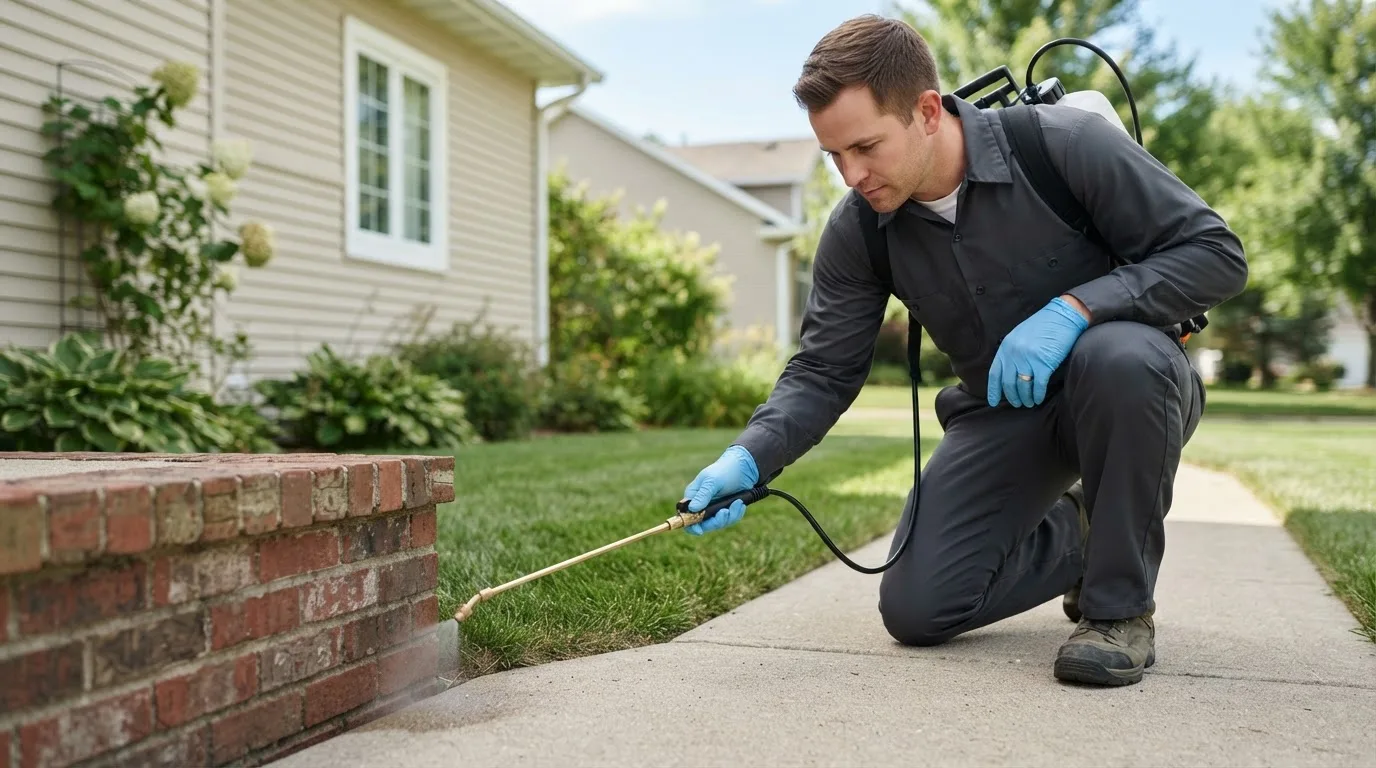 Pest control technician treating a home near New Braunfels, TX