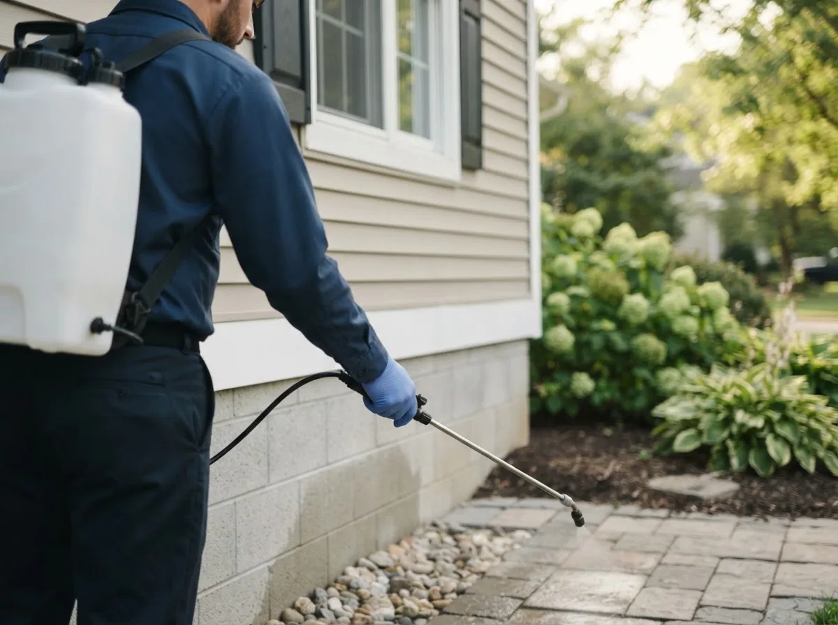 Pest control technician inspecting a home in New Braunfels, TX